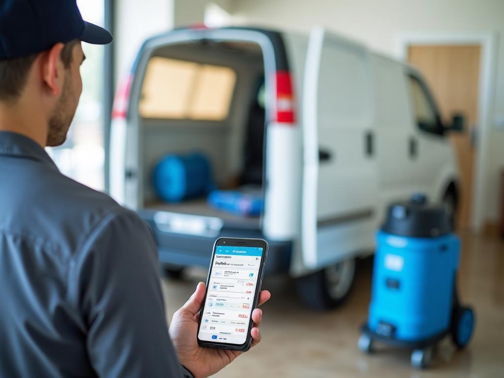 Carpet cleaning technician using Call Monkey software