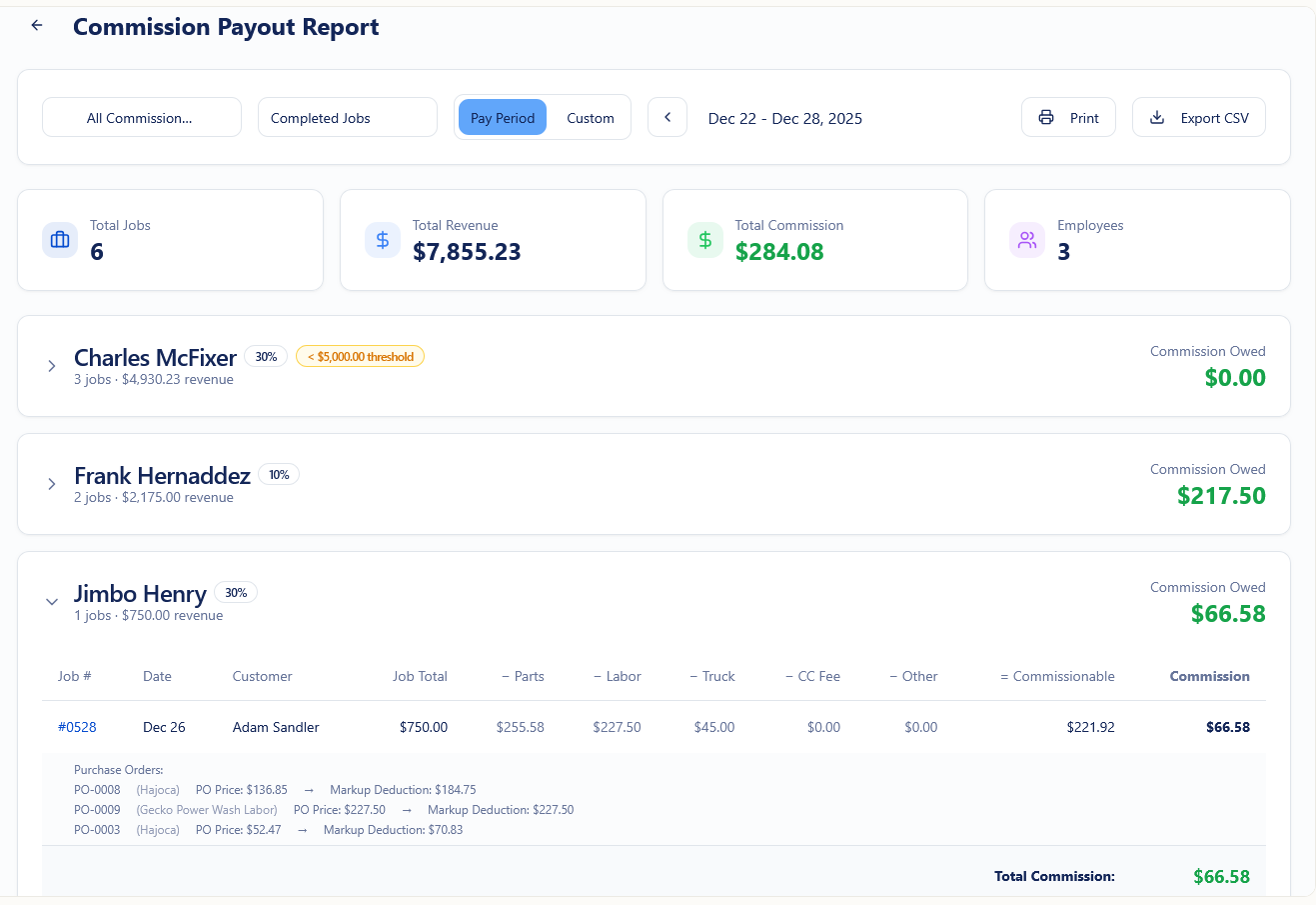 Commission Dashboard showing payout report with employee commissions, job details, and revenue tracking