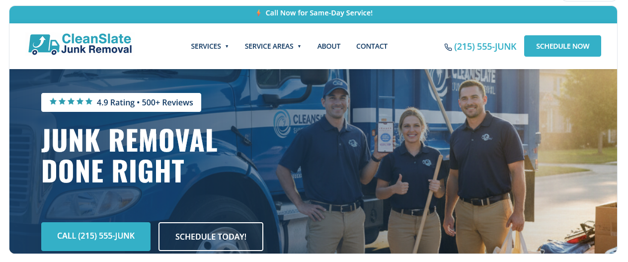 CleanSlate Junk Removal website example showing professional design with team photo and trust badges