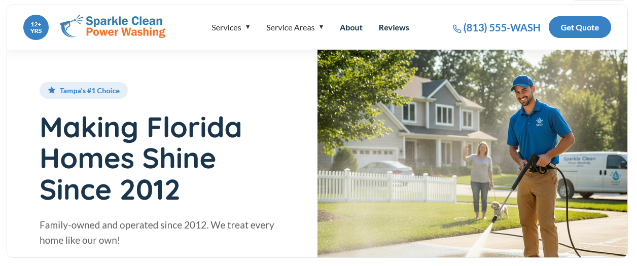 Sparkle Clean Power Washing website example showing professional design with hero image and navigation
