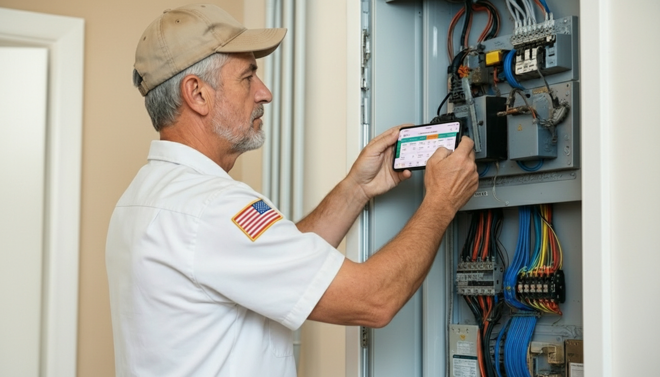 Electrician using Call Monkey business software on smartphone