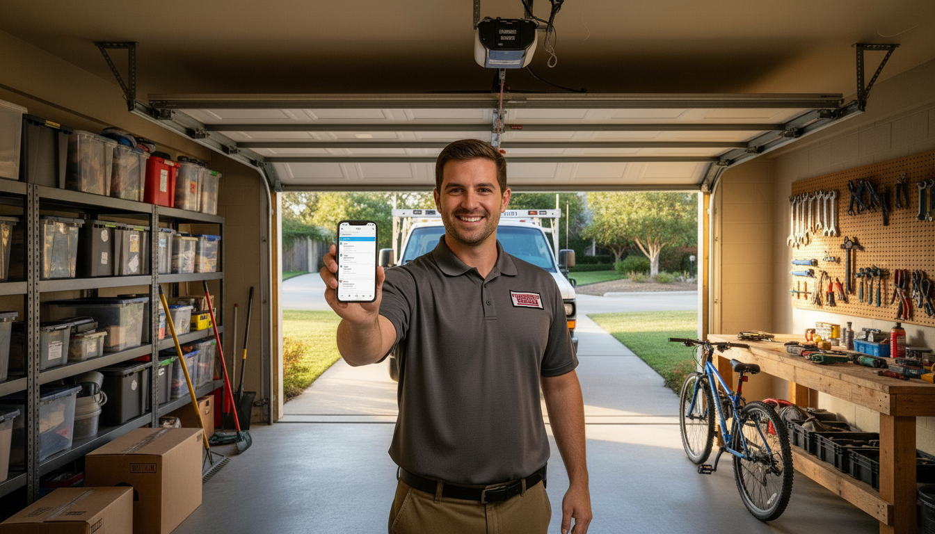 Garage door technician with Call Monkey software on iPhone
