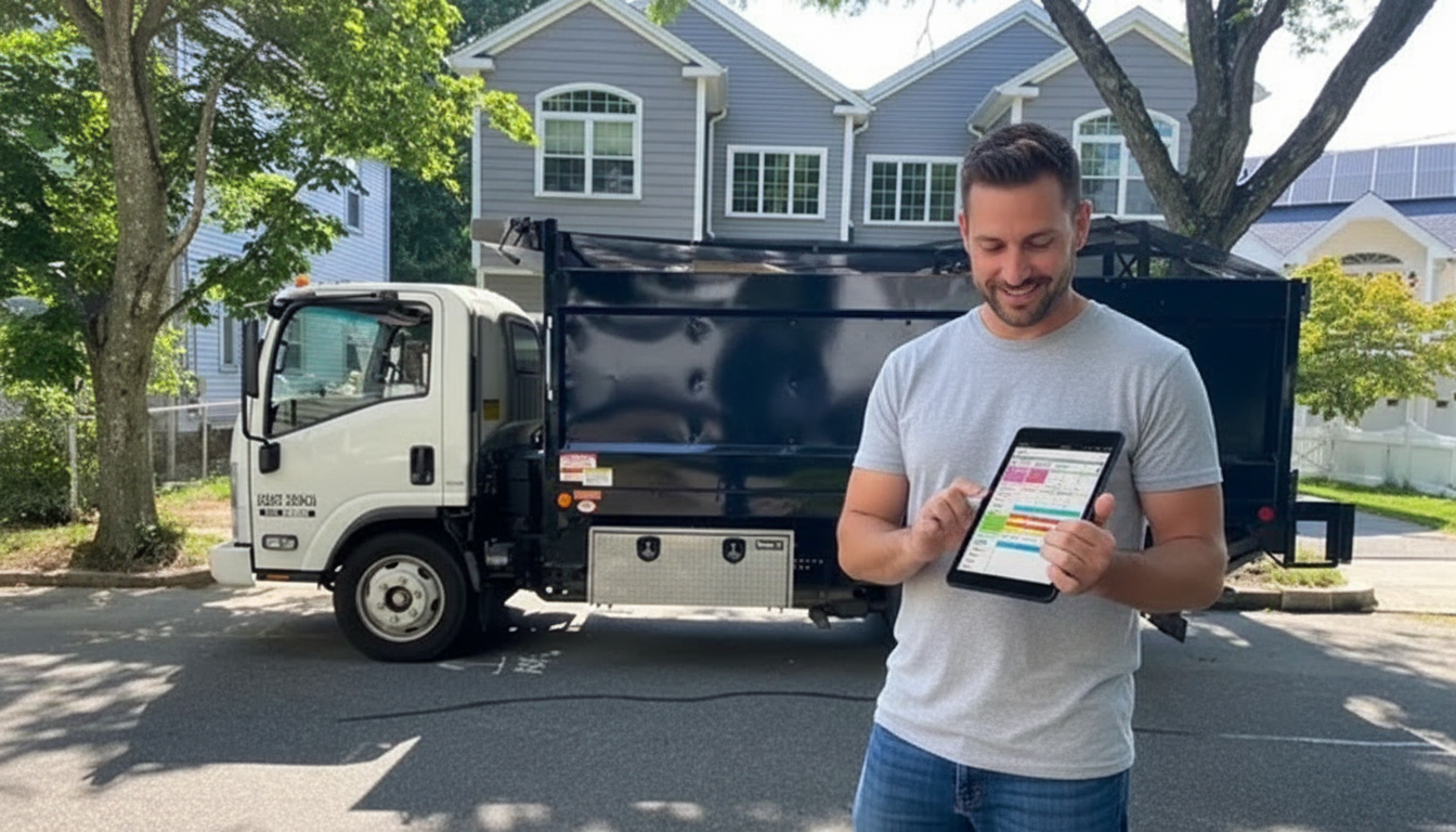 Junk removal truck with crew loading furniture