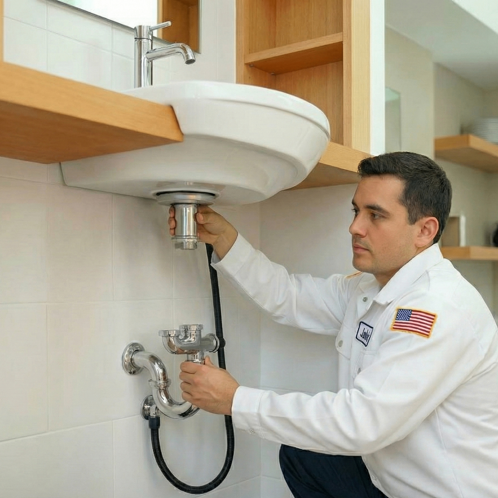 Professional plumber repairing water heater and plumbing systems