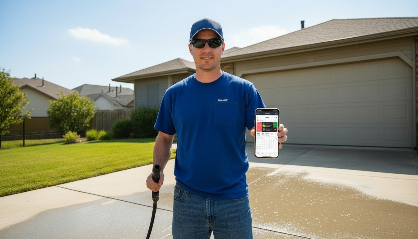 Pressure washing technician cleaning a driveway